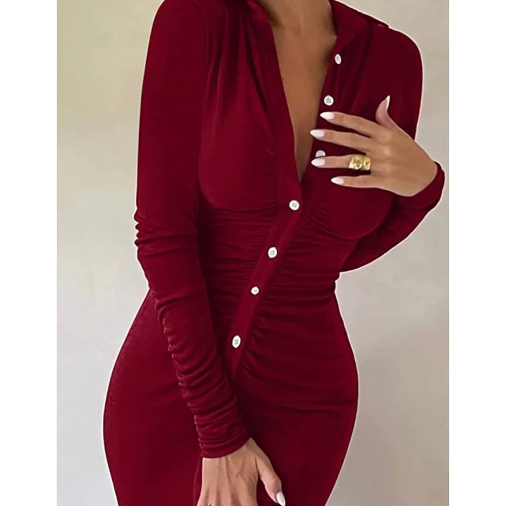 Velvet Sexy Long Sleeve Ruched Button Down Bodycon Midi Dress - Picture 2 of 4